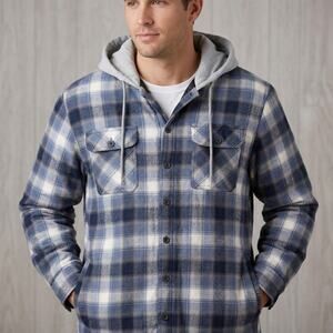 Wrangler Authentics Men's Quilted Lined Hooded Flannel Shirt Jacket Blue Plaid L